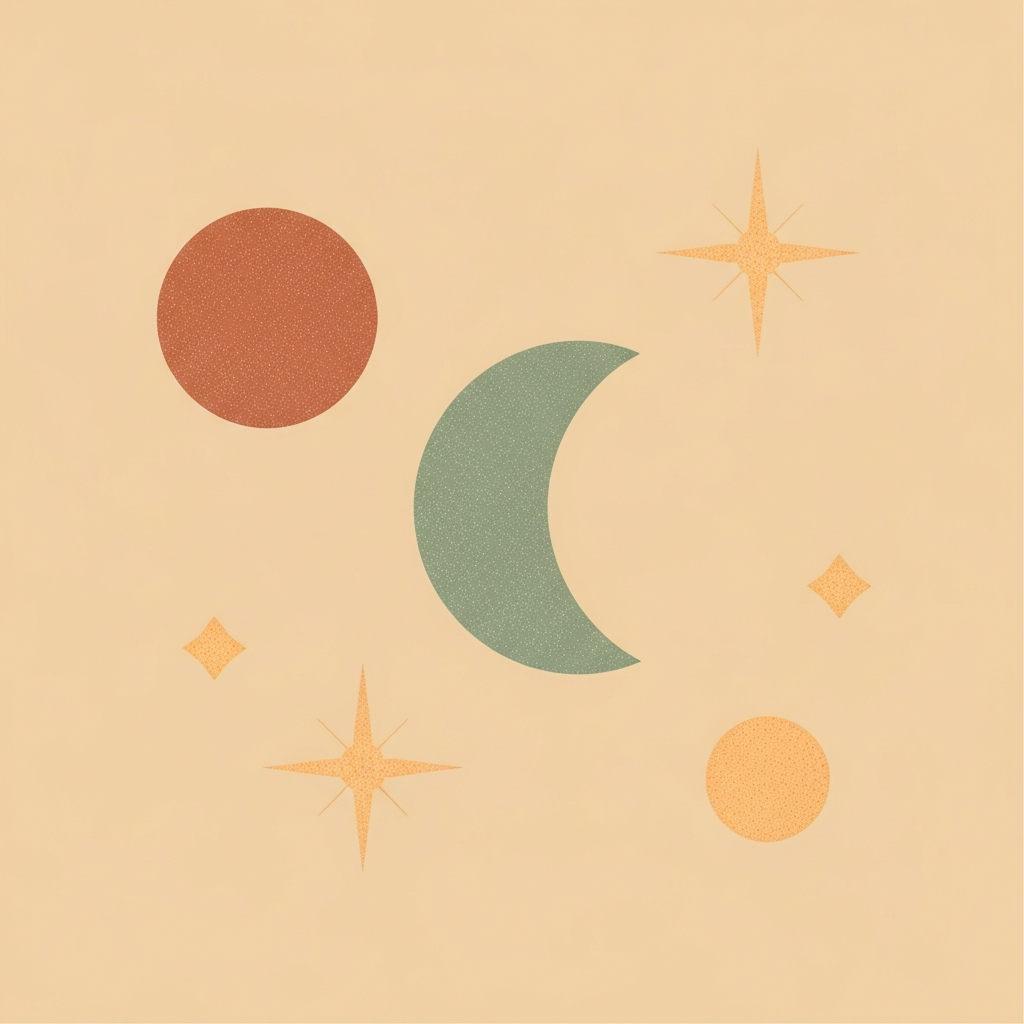 A soft earthy illustration of celestial shapes